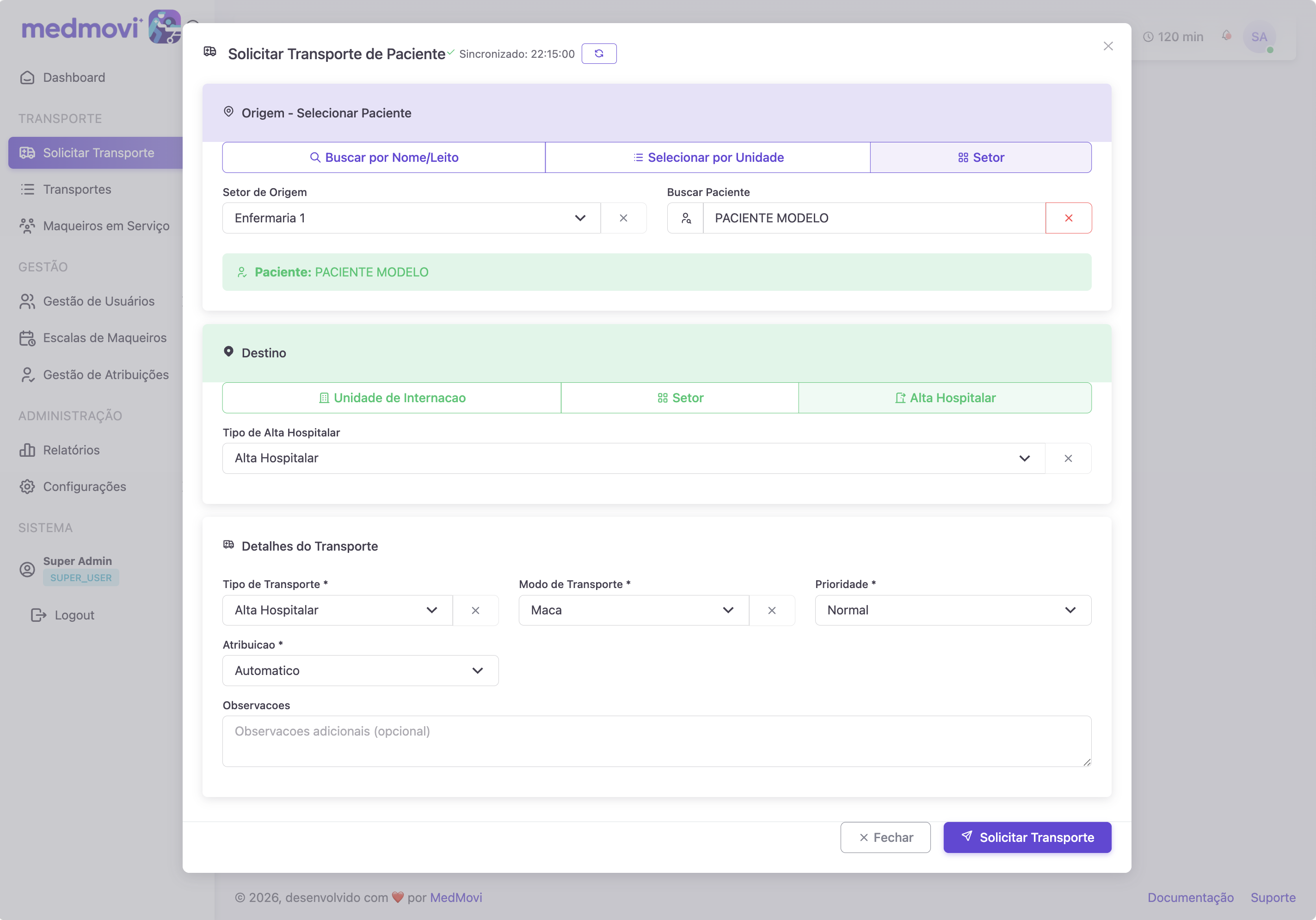 Solicitação de transporte na plataforma web MedMovi